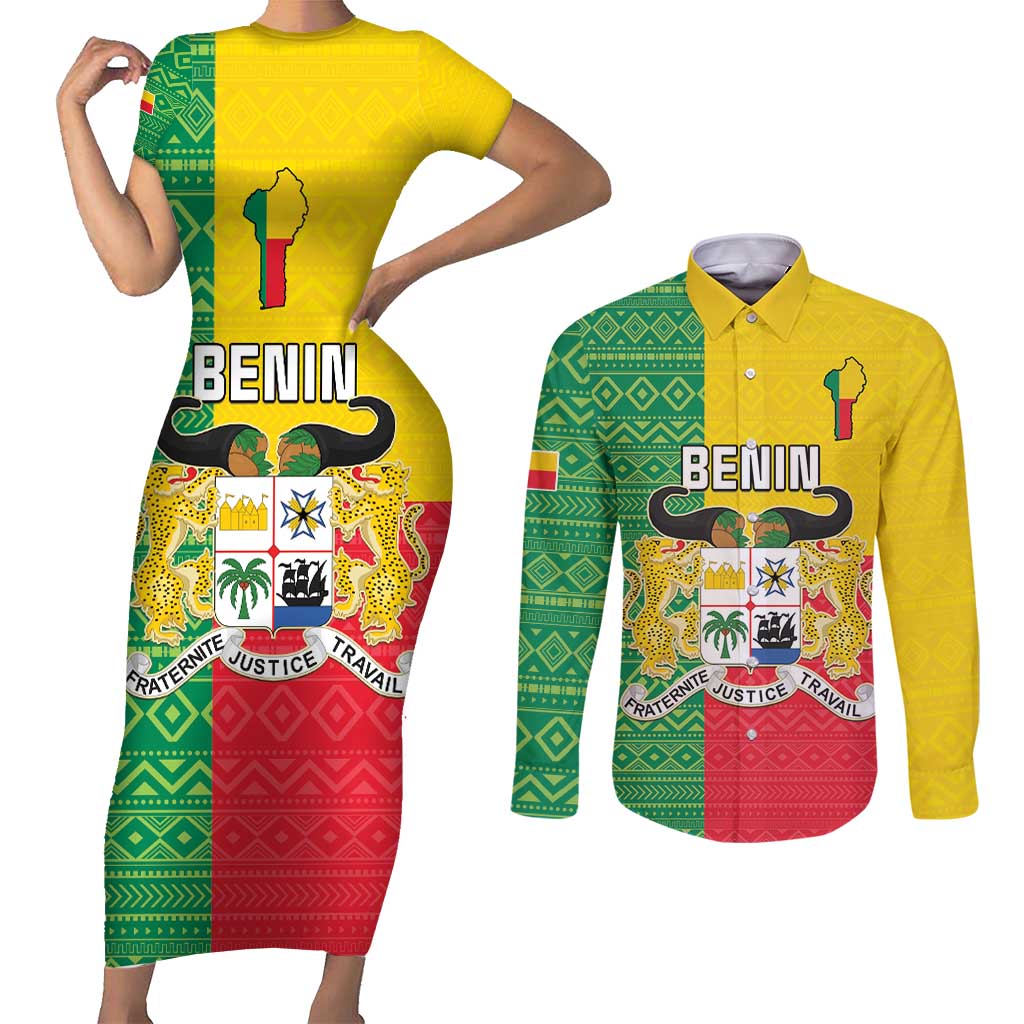 Personalised Benin Couples Matching Short Sleeve Bodycon Dress and Long Sleeve Button Shirt Coat Of Arms Flag Style