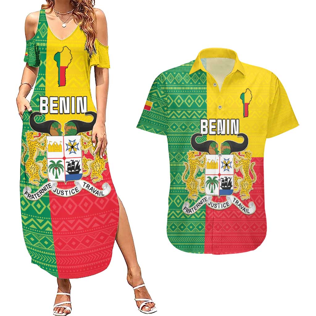 Personalised Benin Couples Matching Summer Maxi Dress and Hawaiian Shirt Coat Of Arms Flag Style