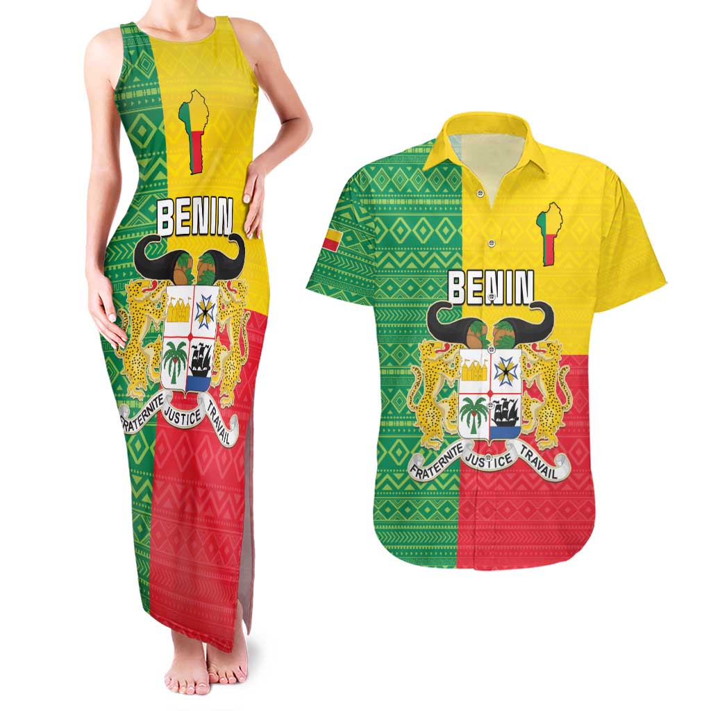 Personalised Benin Couples Matching Tank Maxi Dress and Hawaiian Shirt Coat Of Arms Flag Style