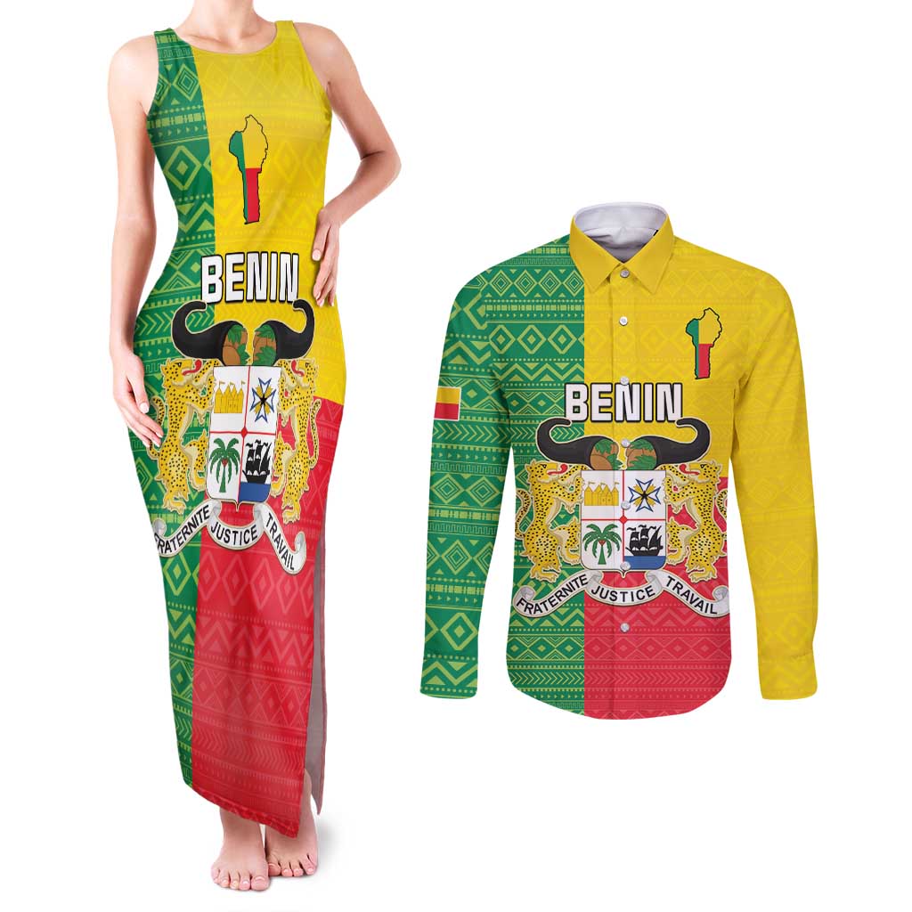 Personalised Benin Couples Matching Tank Maxi Dress and Long Sleeve Button Shirt Coat Of Arms Flag Style