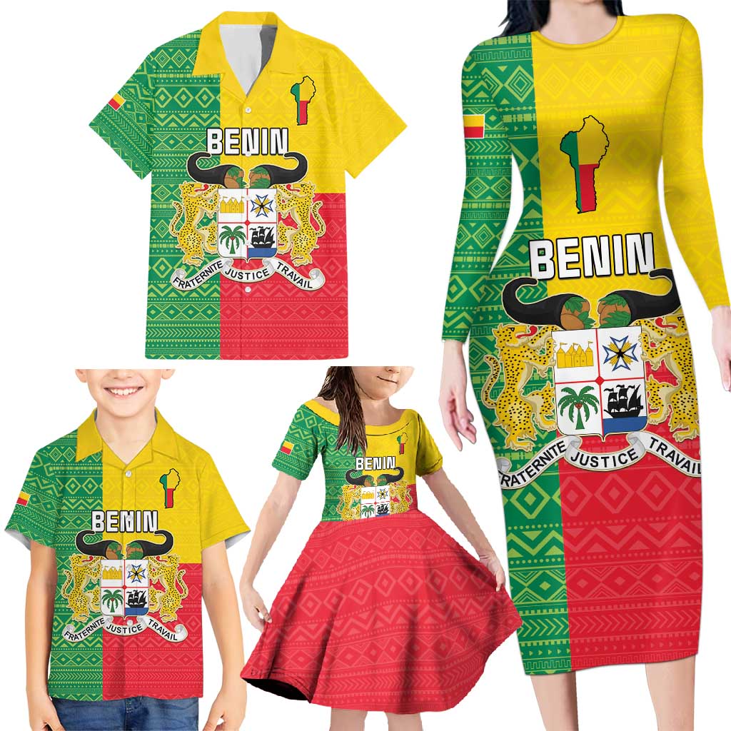 Personalised Benin Family Matching Long Sleeve Bodycon Dress and Hawaiian Shirt Coat Of Arms Flag Style