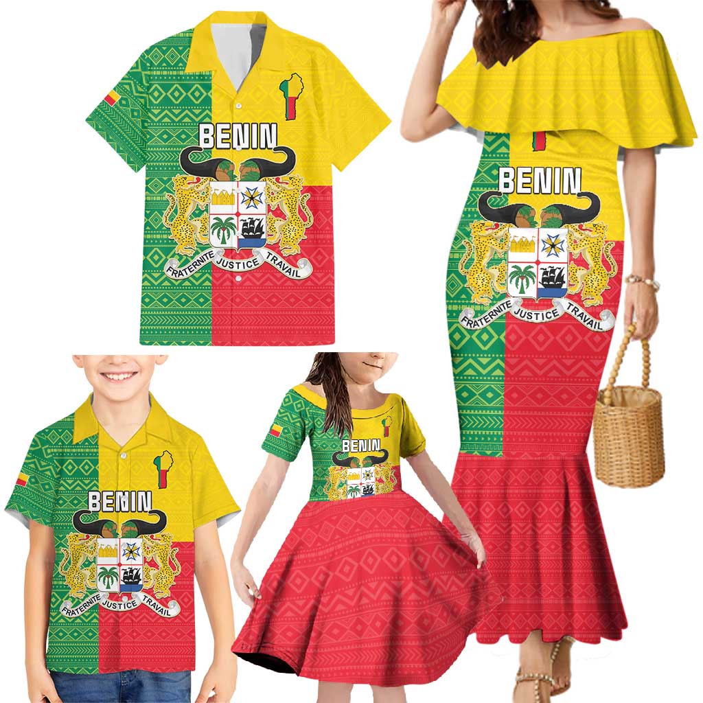 Personalised Benin Family Matching Mermaid Dress and Hawaiian Shirt Coat Of Arms Flag Style