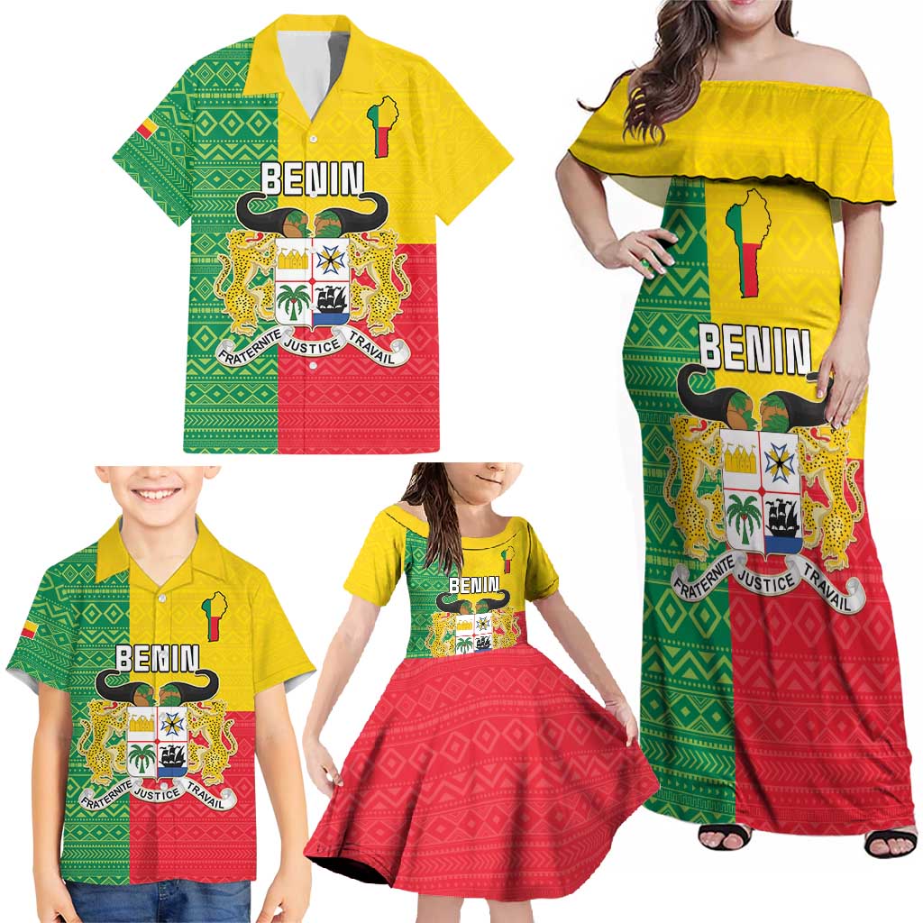 Personalised Benin Family Matching Off Shoulder Maxi Dress and Hawaiian Shirt Coat Of Arms Flag Style