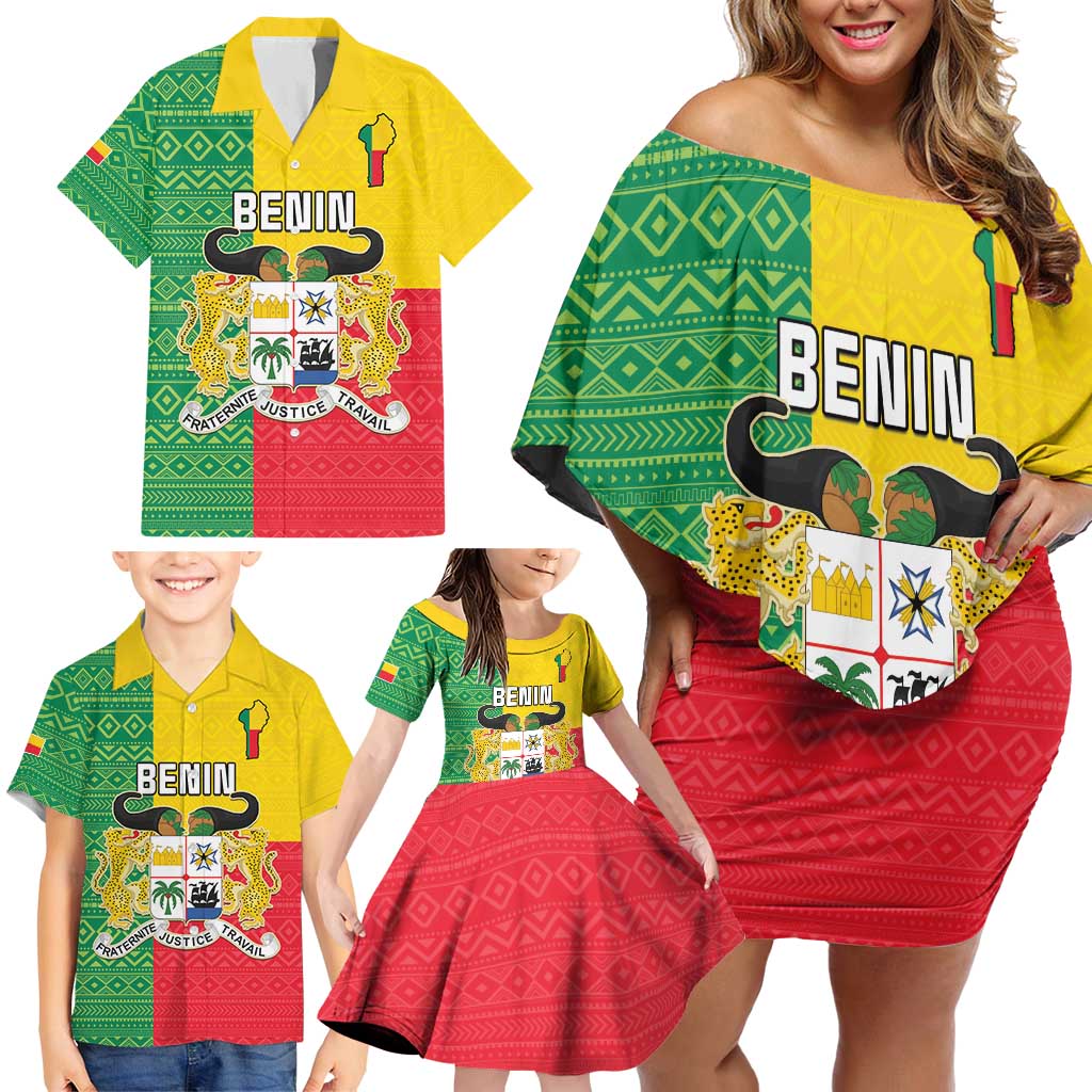 Personalised Benin Family Matching Off Shoulder Short Dress and Hawaiian Shirt Coat Of Arms Flag Style