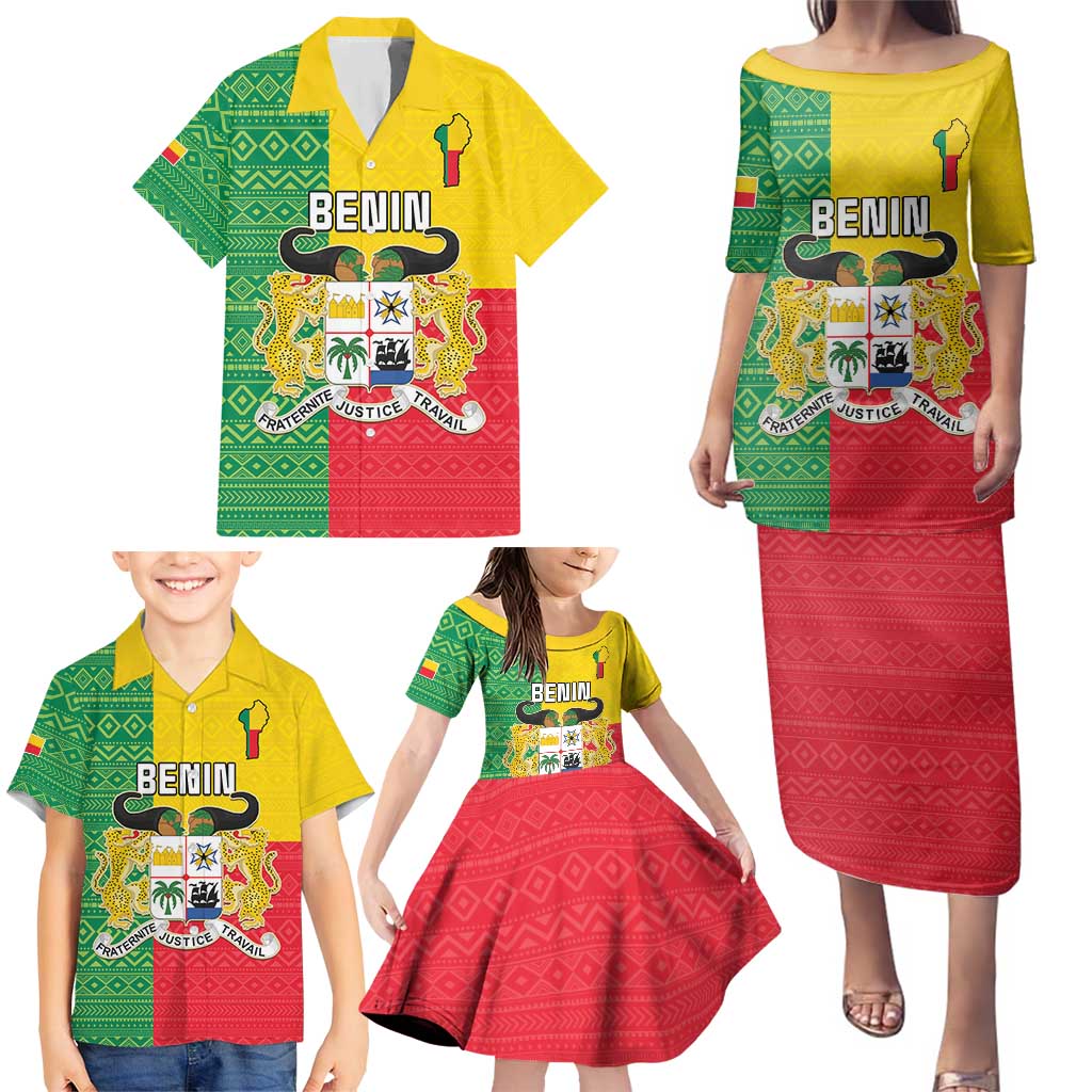 Personalised Benin Family Matching Puletasi and Hawaiian Shirt Coat Of Arms Flag Style