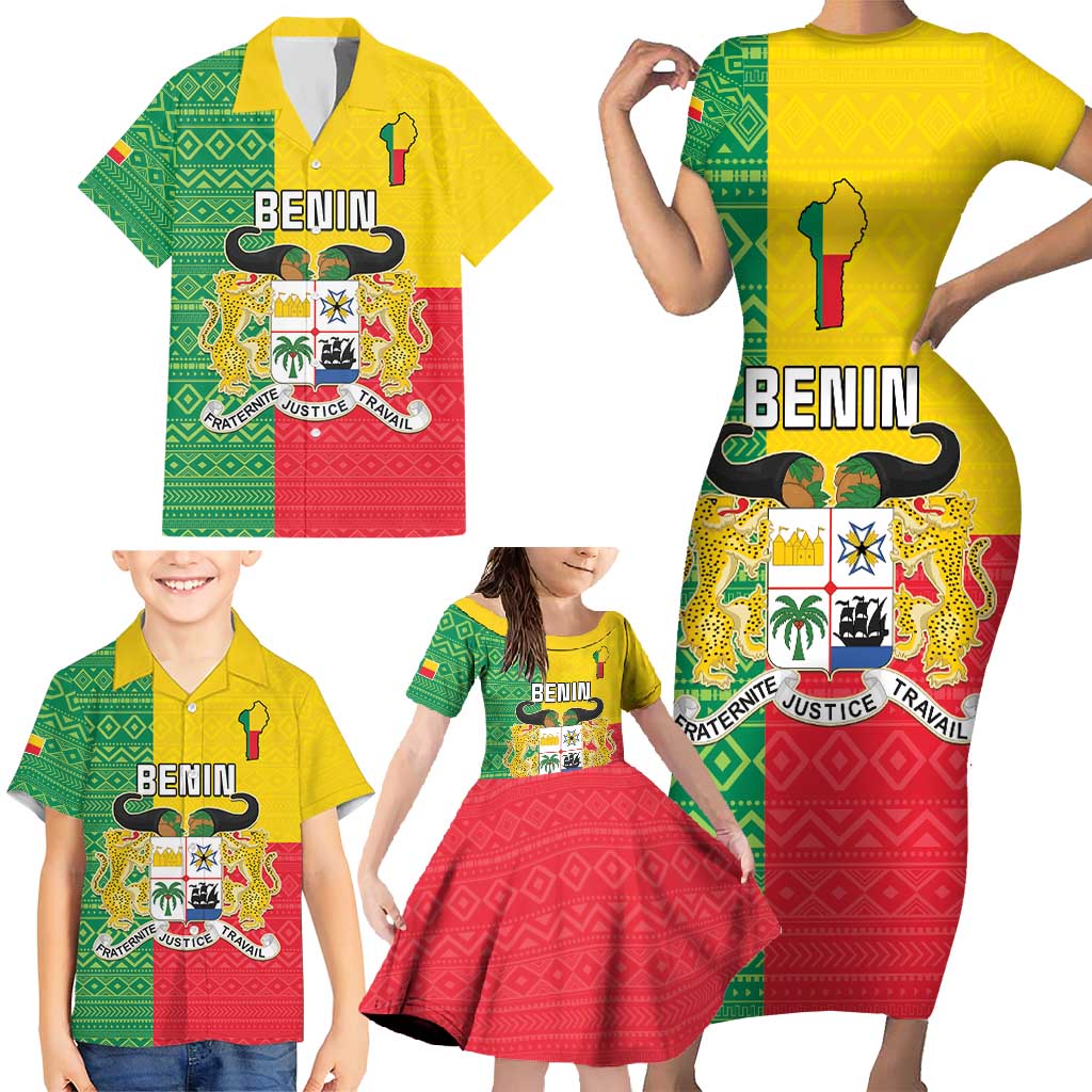 Personalised Benin Family Matching Short Sleeve Bodycon Dress and Hawaiian Shirt Coat Of Arms Flag Style