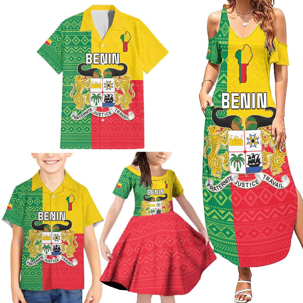 Personalised Benin Family Matching Summer Maxi Dress and Hawaiian Shirt Coat Of Arms Flag Style