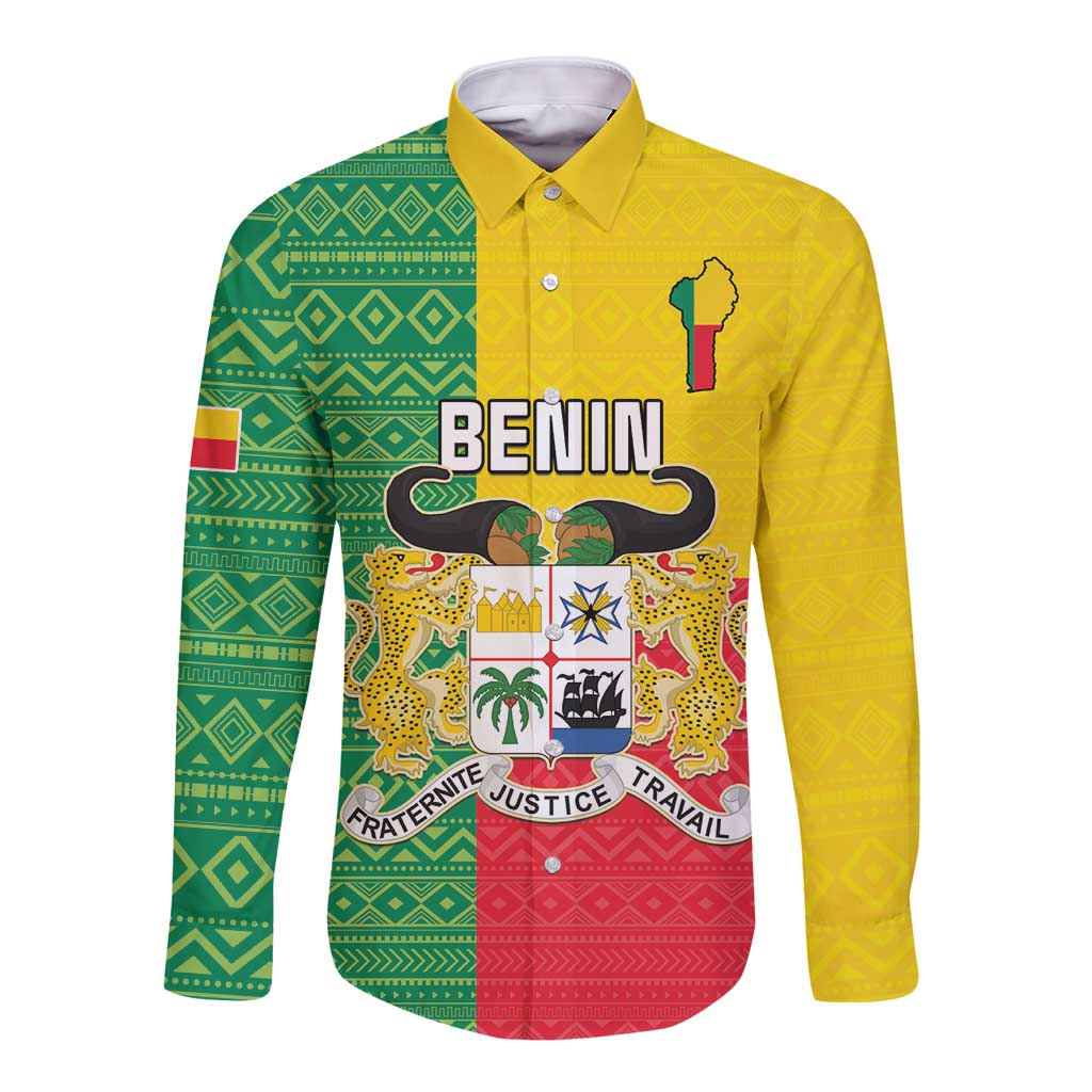 Personalised Benin Long Sleeve Button Shirt Coat Of Arms Flag Style