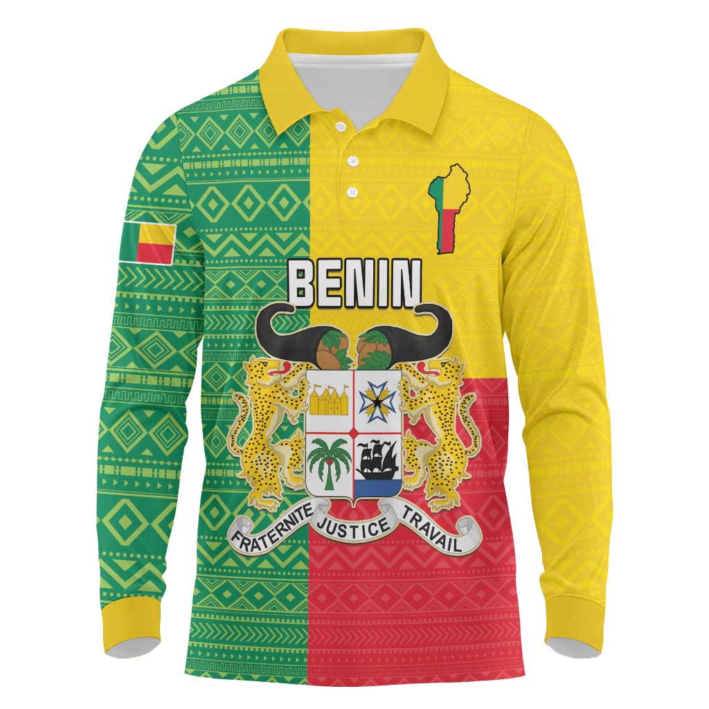 Personalised Benin Long Sleeve Polo Shirt Coat Of Arms Flag Style