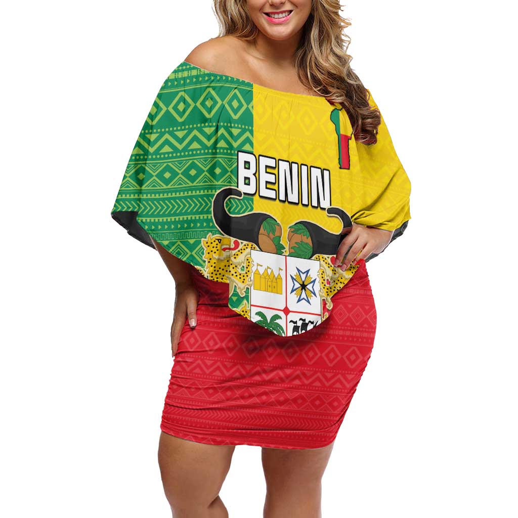 Personalised Benin Off Shoulder Short Dress Coat Of Arms Flag Style