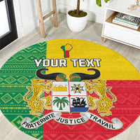 Round carpet in Benin flag style: green yellow red, lion crest and YOUR TEXT.
