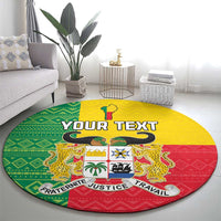 Round carpet in Benin flag style: green yellow red crest with YOUR TEXT, decorative border.