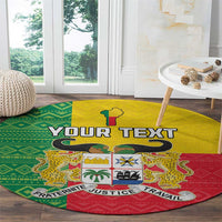 Round carpet in Benin flag style with green yellow red, crest and YOUR TEXT banner.
