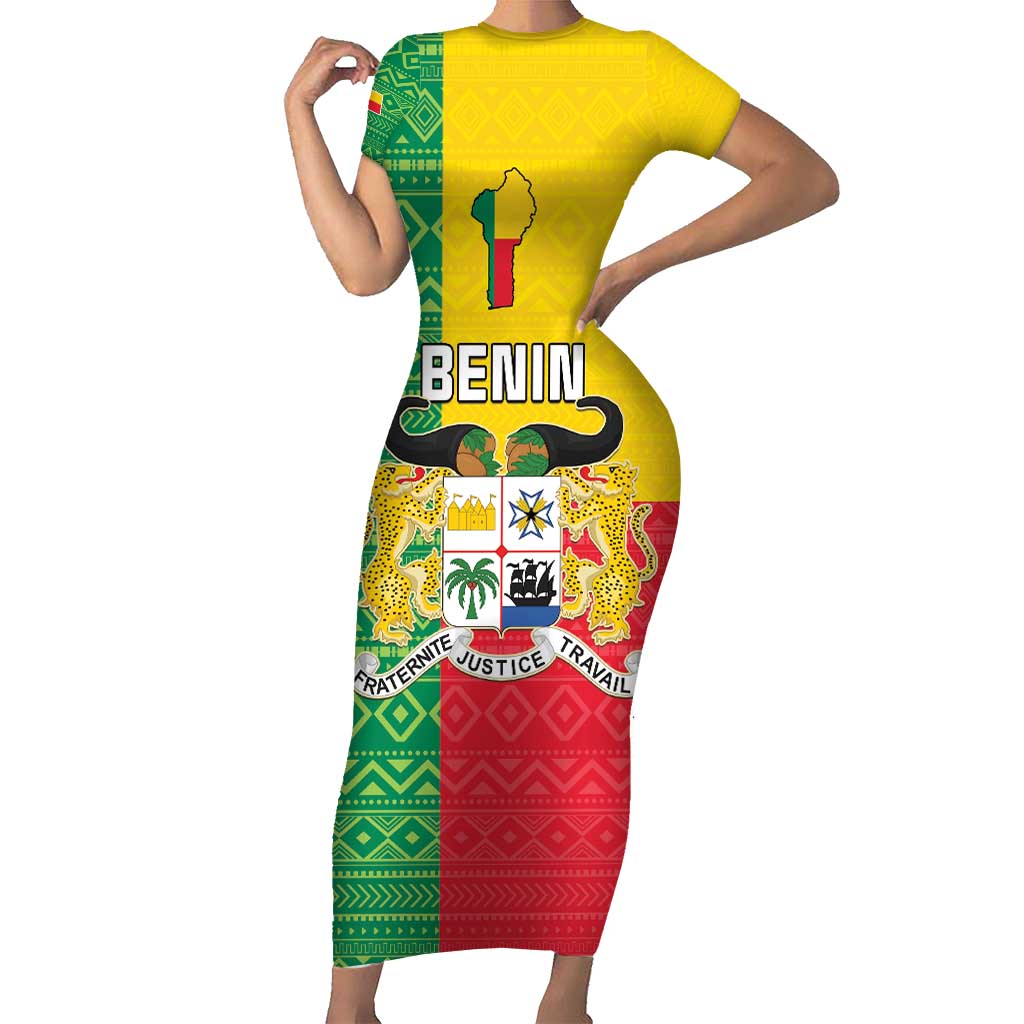 Personalised Benin Short Sleeve Bodycon Dress Coat Of Arms Flag Style