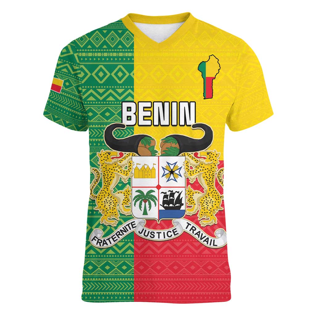 Personalised Benin Women V-Neck T-Shirt Coat Of Arms Flag Style