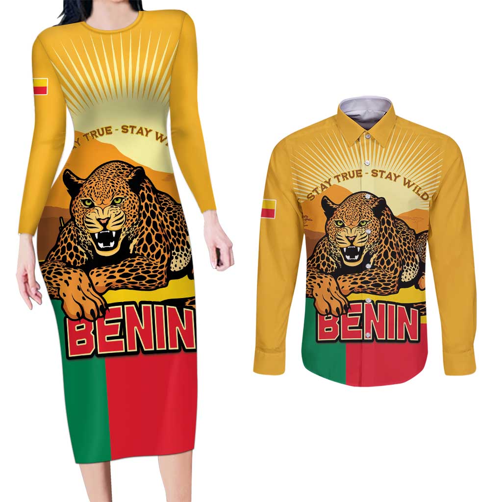 Personalised Benin Leopard Couples Matching Long Sleeve Bodycon Dress and Long Sleeve Button Shirt Stay True - Stay Wild