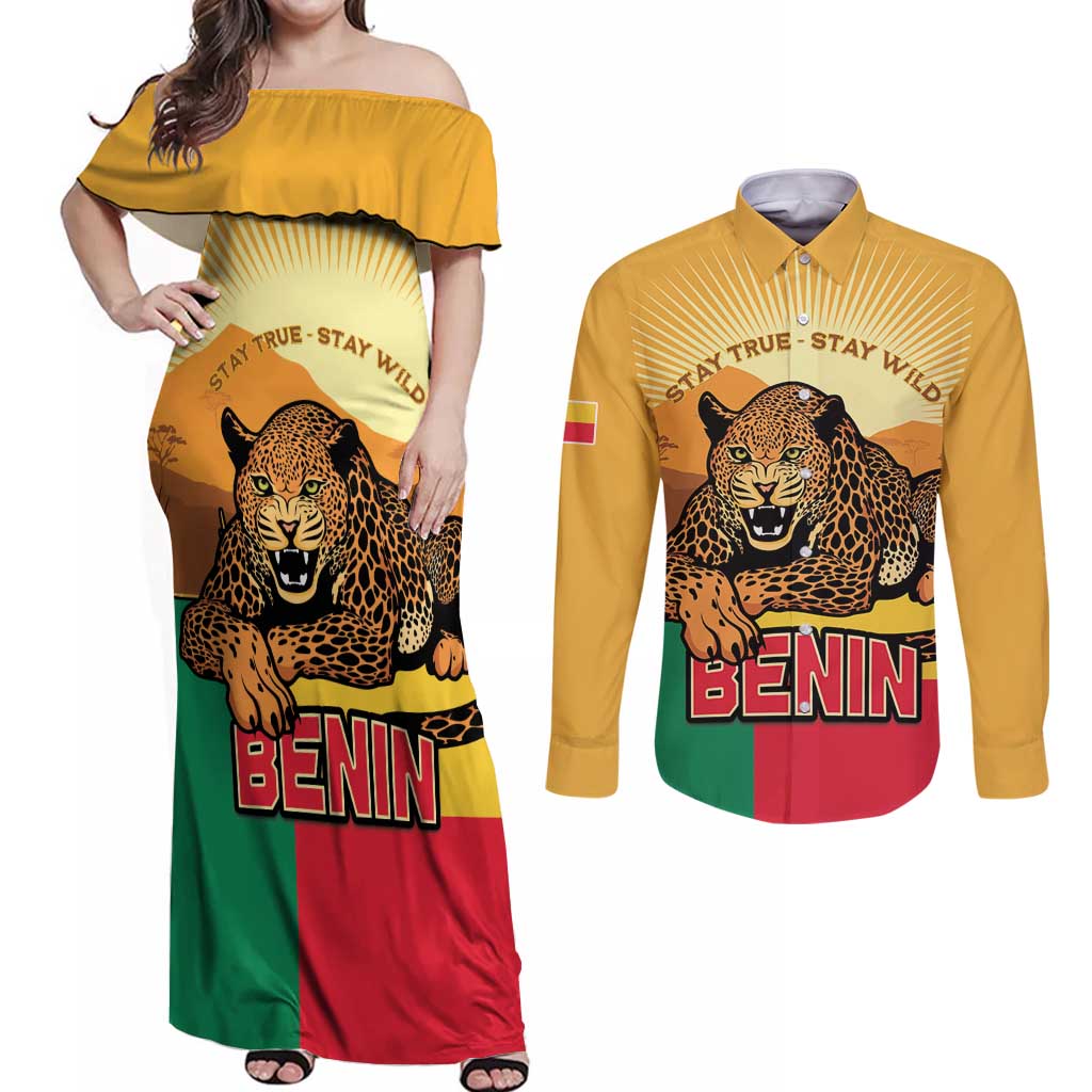 Personalised Benin Leopard Couples Matching Off Shoulder Maxi Dress and Long Sleeve Button Shirt Stay True - Stay Wild