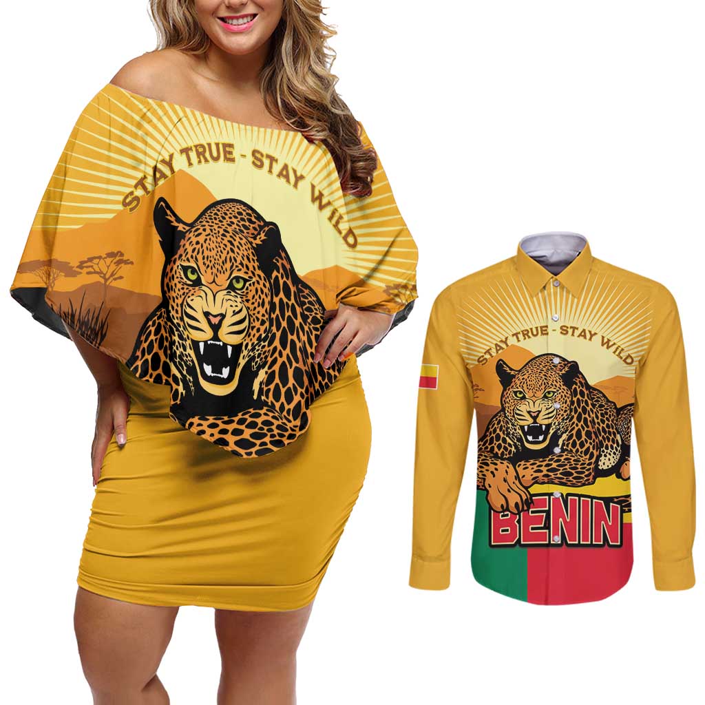 Personalised Benin Leopard Couples Matching Off Shoulder Short Dress and Long Sleeve Button Shirt Stay True - Stay Wild