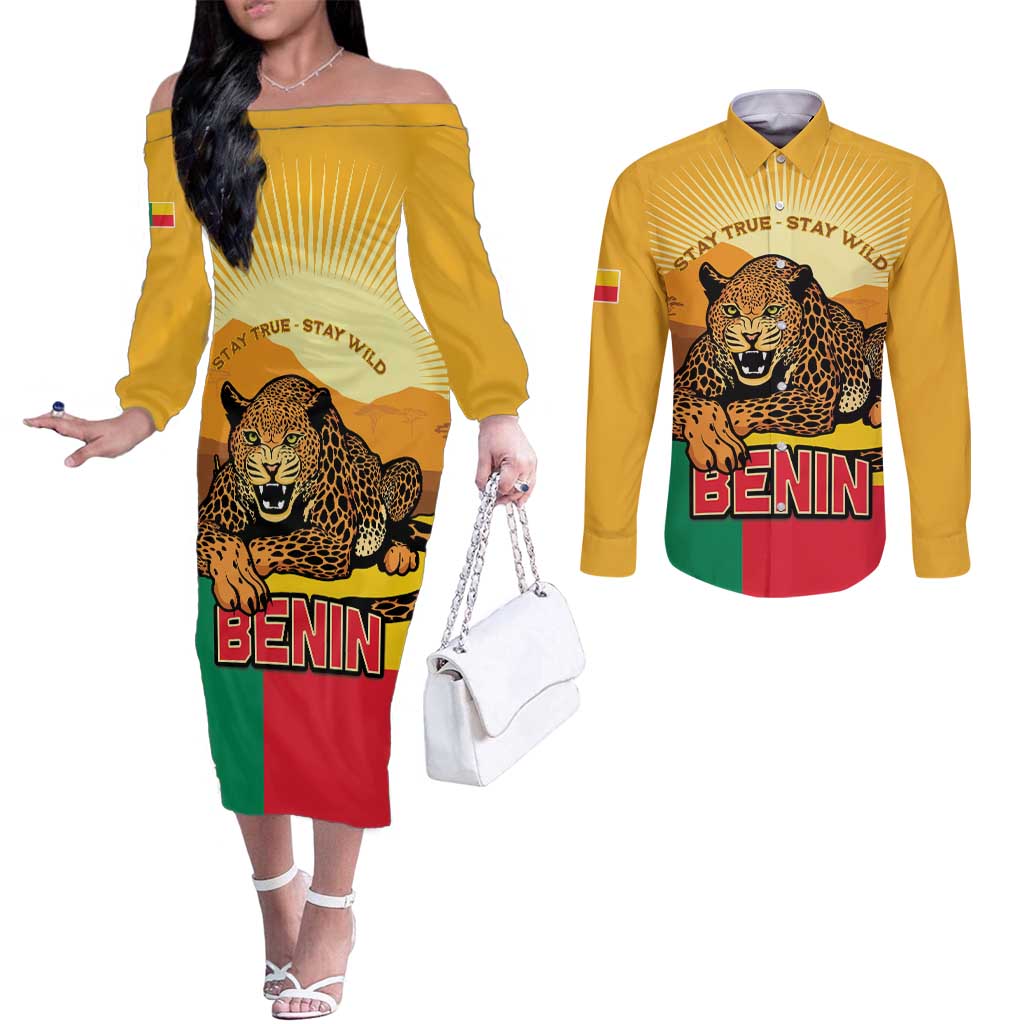 Personalised Benin Leopard Couples Matching Off The Shoulder Long Sleeve Dress and Long Sleeve Button Shirt Stay True - Stay Wild