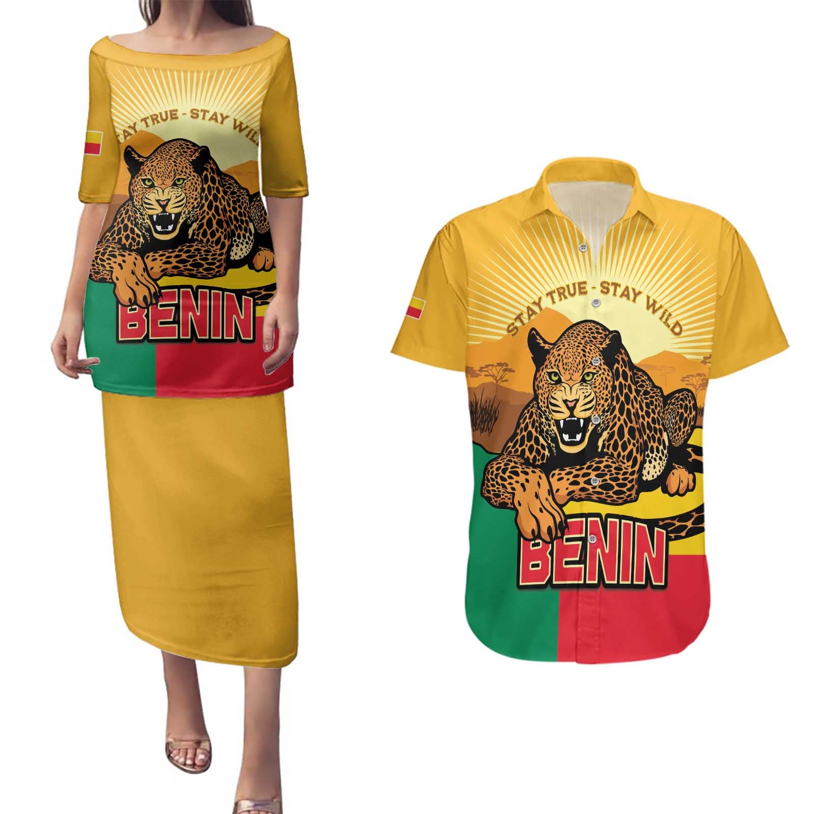 Personalised Benin Leopard Couples Matching Puletasi and Hawaiian Shirt Stay True - Stay Wild