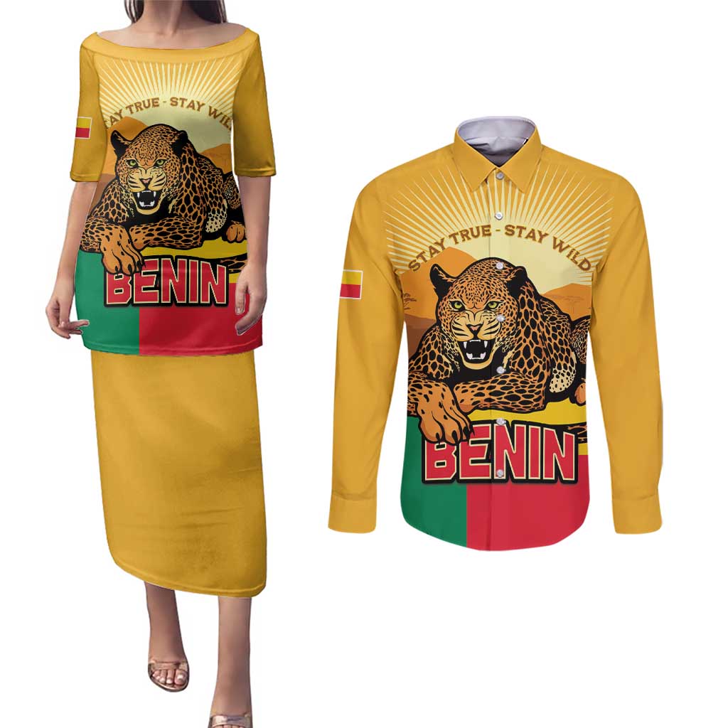 Personalised Benin Leopard Couples Matching Puletasi and Long Sleeve Button Shirt Stay True - Stay Wild