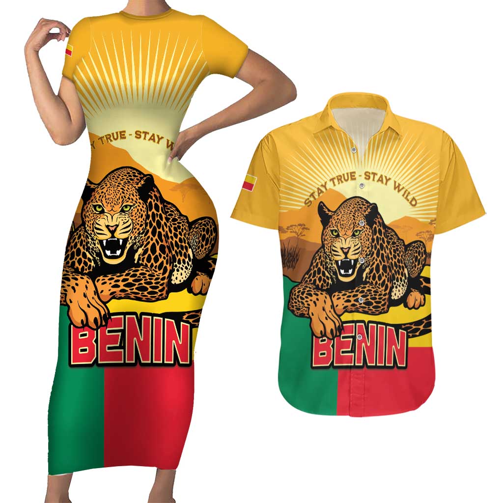 Personalised Benin Leopard Couples Matching Short Sleeve Bodycon Dress and Hawaiian Shirt Stay True - Stay Wild