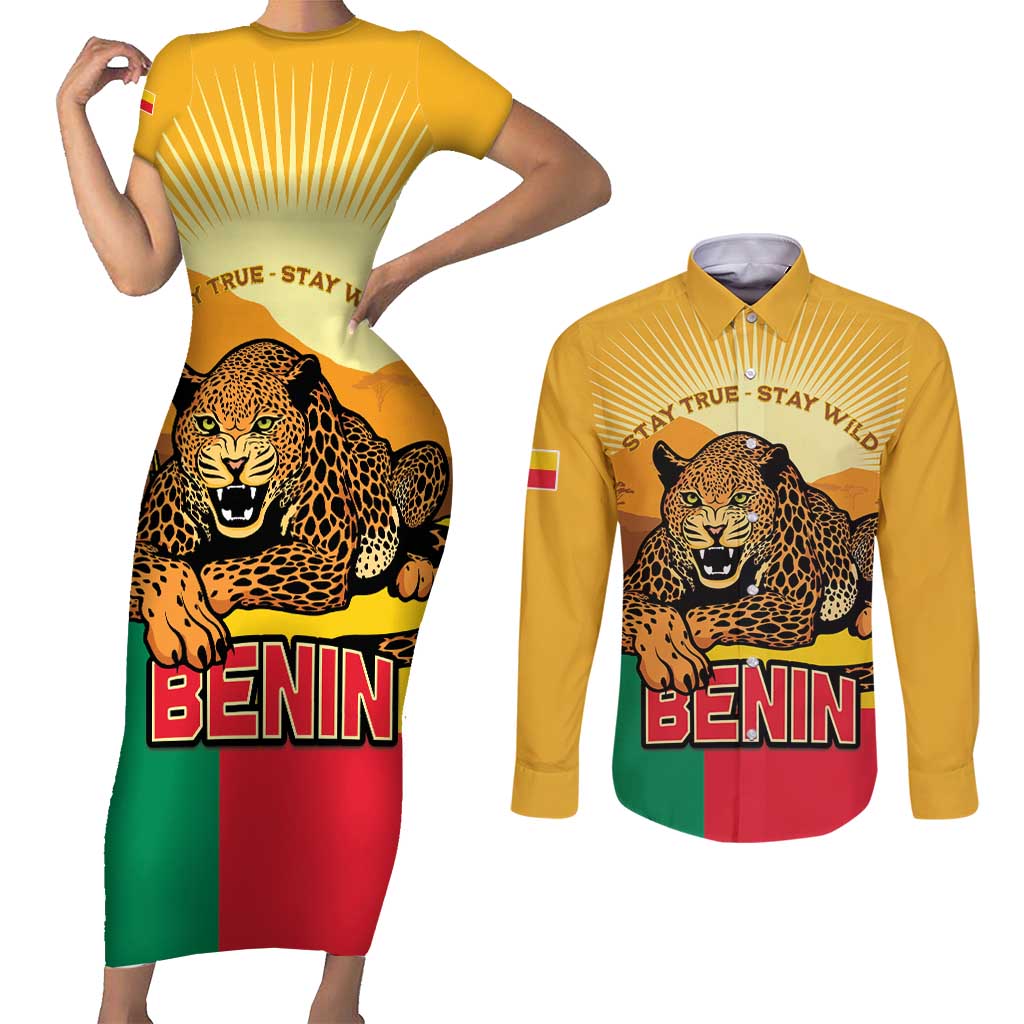 Personalised Benin Leopard Couples Matching Short Sleeve Bodycon Dress and Long Sleeve Button Shirt Stay True - Stay Wild