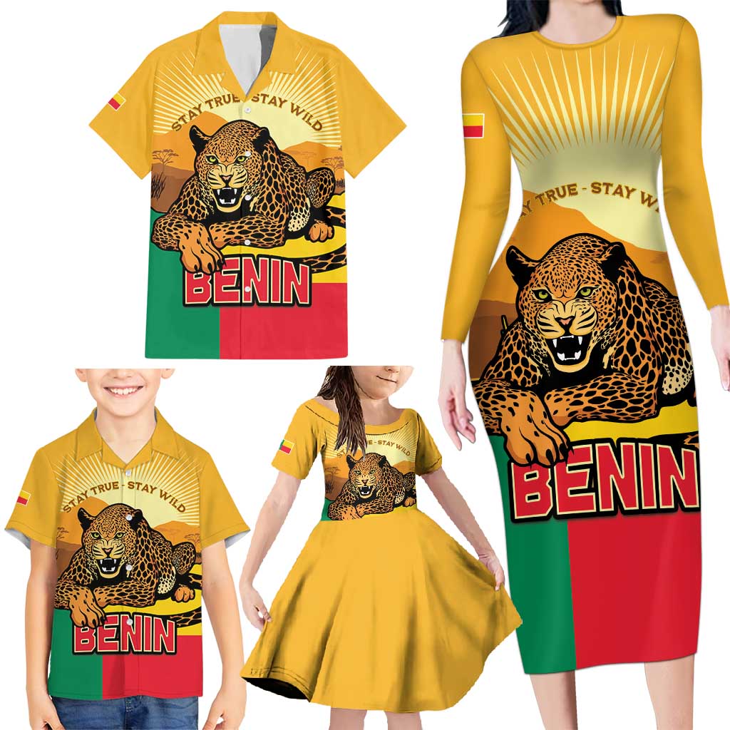 Personalised Benin Leopard Family Matching Long Sleeve Bodycon Dress and Hawaiian Shirt Stay True - Stay Wild