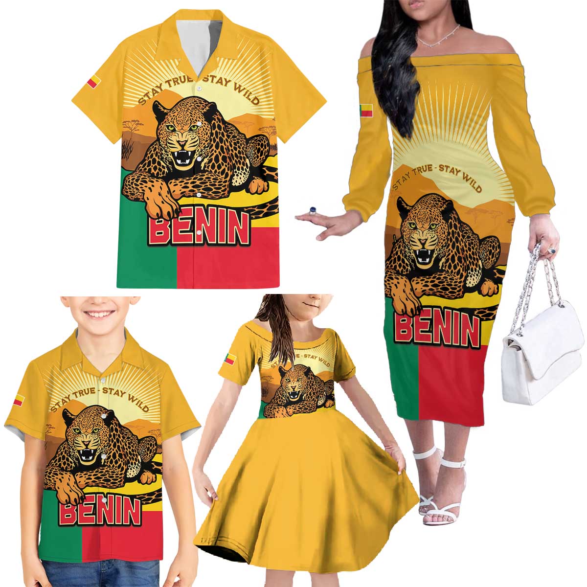 Personalised Benin Leopard Family Matching Off The Shoulder Long Sleeve Dress and Hawaiian Shirt Stay True - Stay Wild