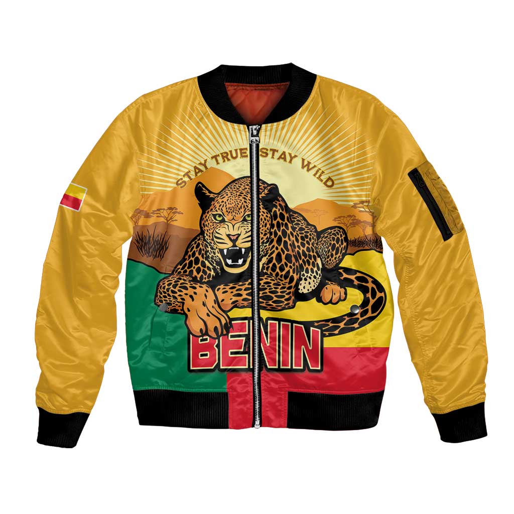 Personalised Benin Leopard Sleeve Zip Bomber Jacket Stay True - Stay Wild