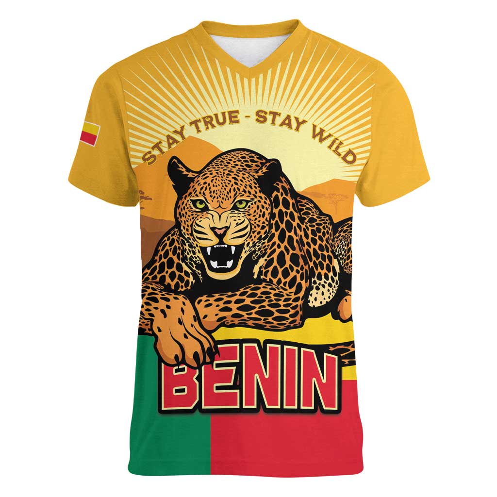 Personalised Benin Leopard Women V-Neck T-Shirt Stay True - Stay Wild