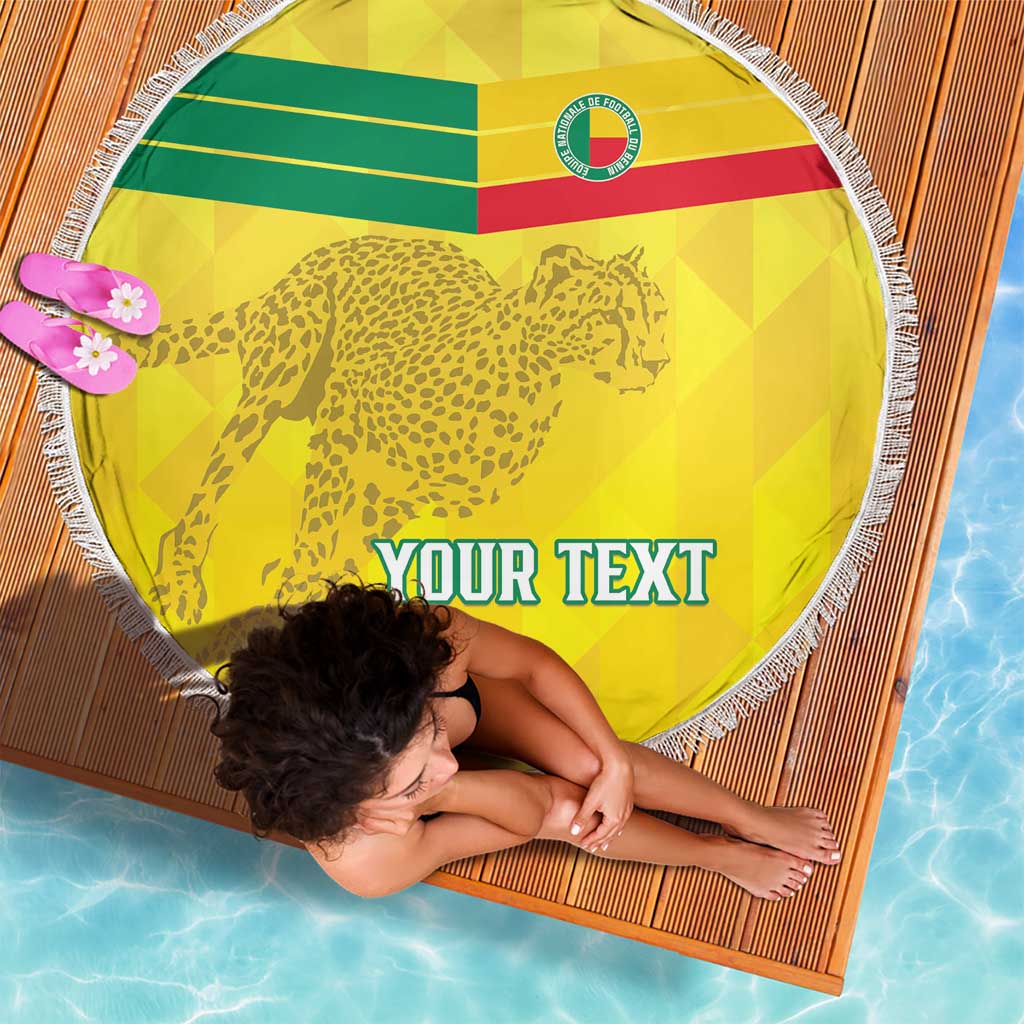 Yellow round beach blanket with leopard and flag stripes, fringed edge, and 'YOUR TEXT'.