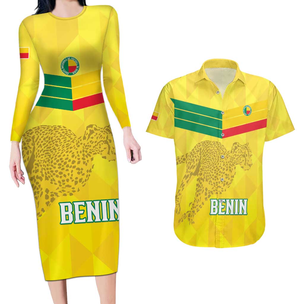 Custom Benin Football Couples Matching Long Sleeve Bodycon Dress and Hawaiian Shirt Go Cheetahs