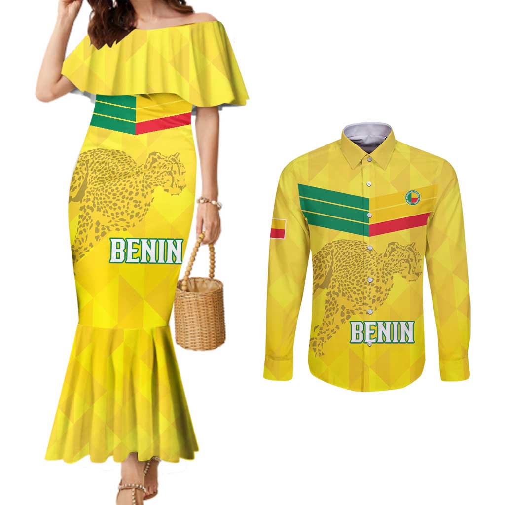 Custom Benin Football Couples Matching Mermaid Dress and Long Sleeve Button Shirt Go Cheetahs