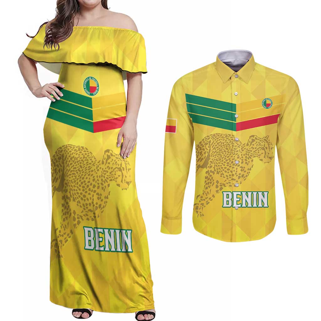 Custom Benin Football Couples Matching Off Shoulder Maxi Dress and Long Sleeve Button Shirt Go Cheetahs