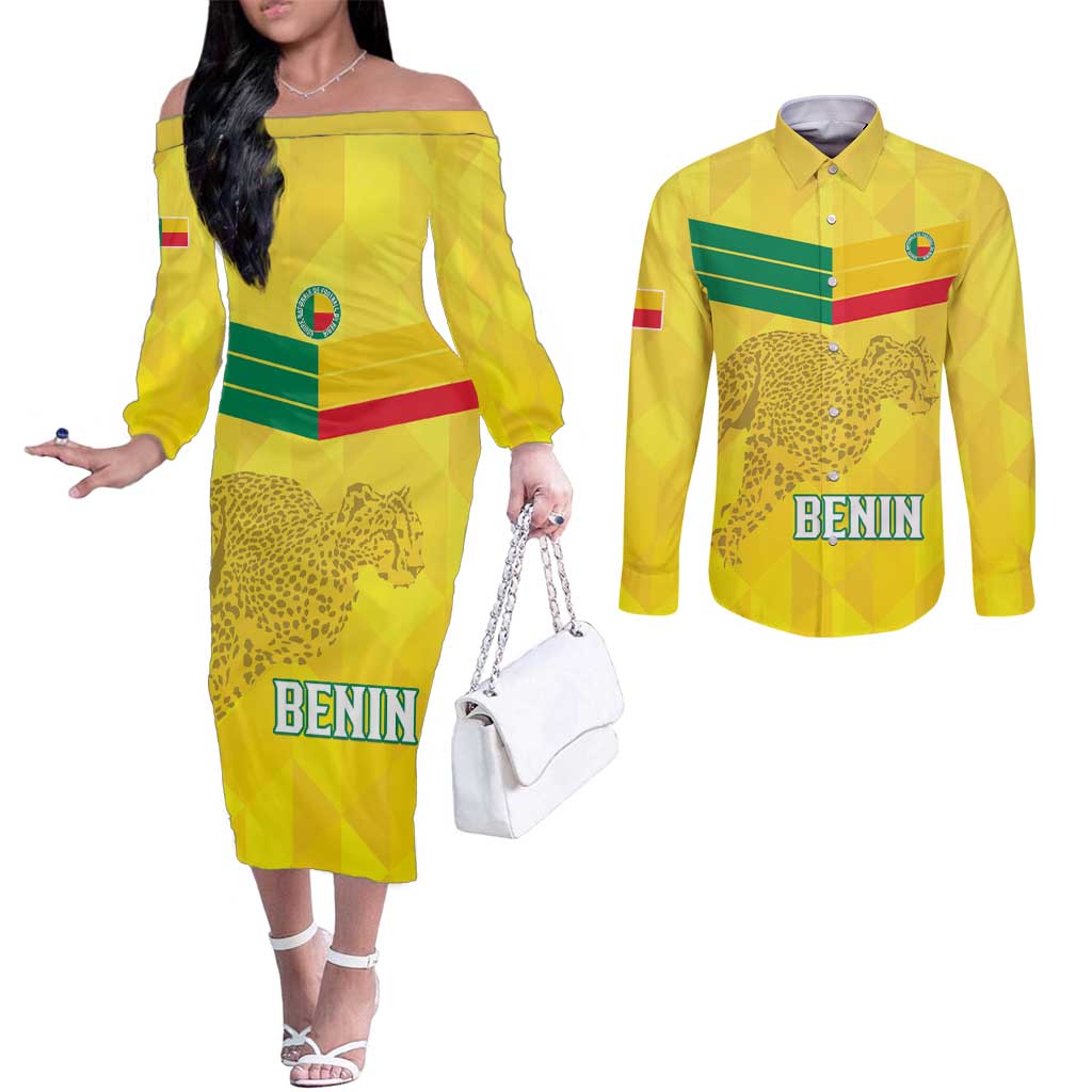 Custom Benin Football Couples Matching Off The Shoulder Long Sleeve Dress and Long Sleeve Button Shirt Go Cheetahs