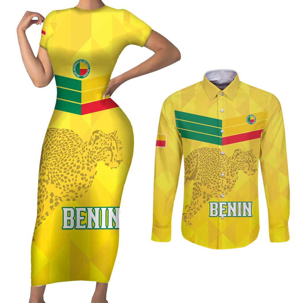 Custom Benin Football Couples Matching Short Sleeve Bodycon Dress and Long Sleeve Button Shirt Go Cheetahs