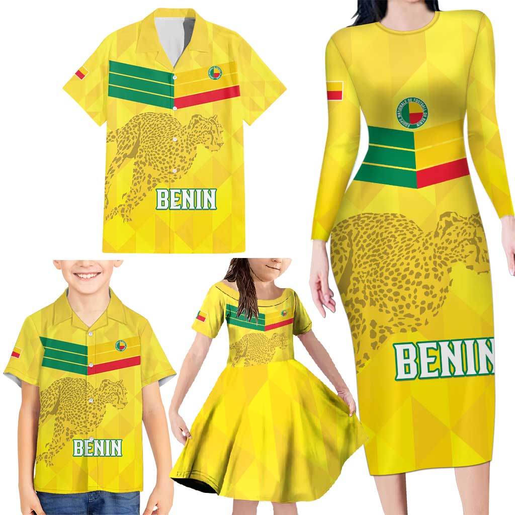 Custom Benin Football Family Matching Long Sleeve Bodycon Dress and Hawaiian Shirt Go Cheetahs