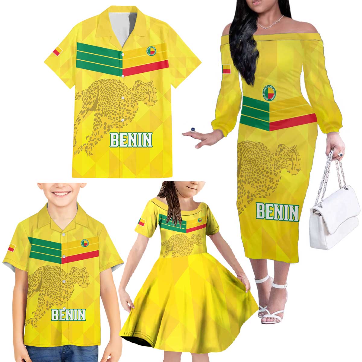 Custom Benin Football Family Matching Off The Shoulder Long Sleeve Dress and Hawaiian Shirt Go Cheetahs