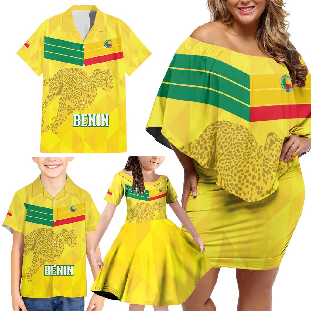 Custom Benin Football Family Matching Off Shoulder Short Dress and Hawaiian Shirt Go Cheetahs