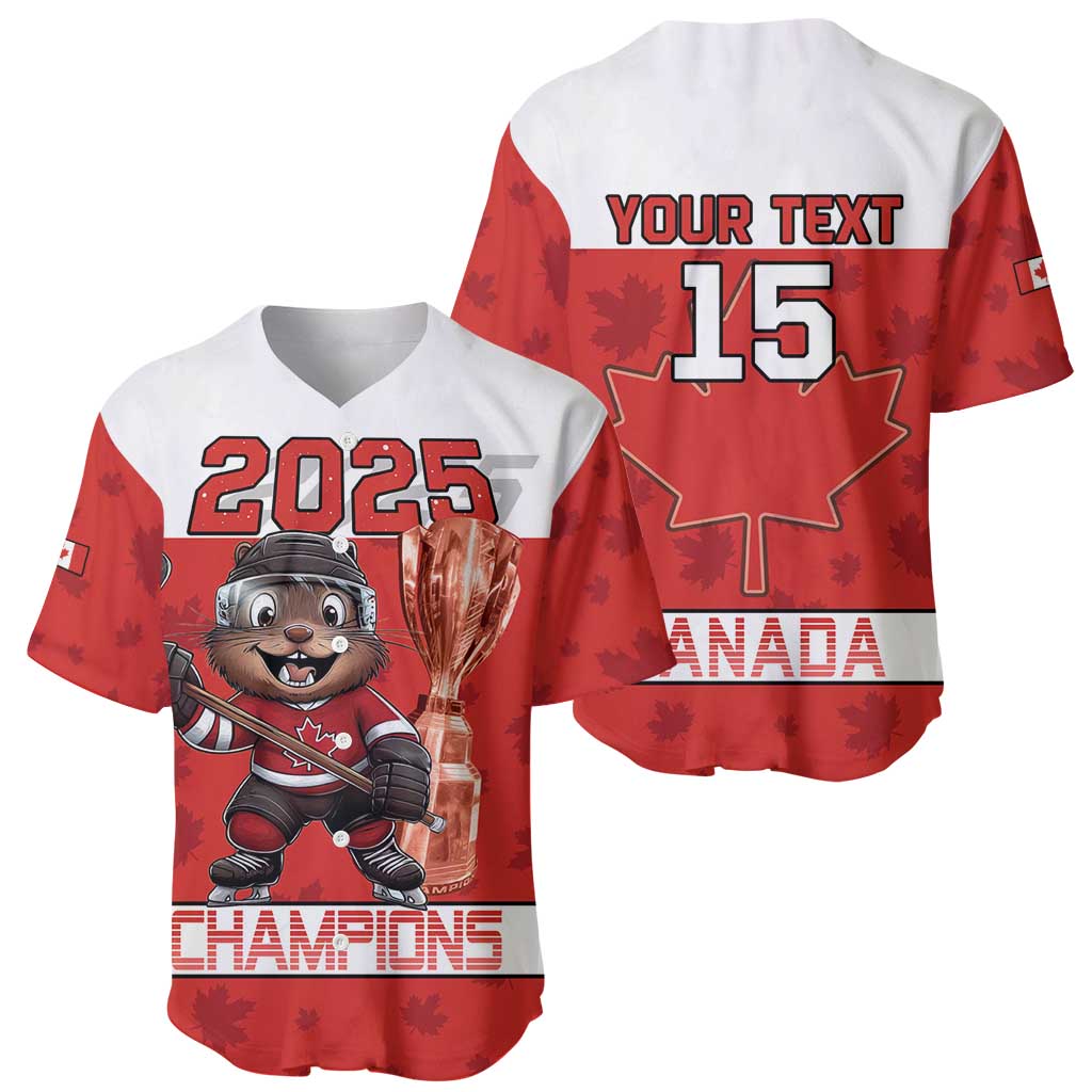 Red and white hockey baseball jersey: front mascot trophy, back "YOUR TEXT 15" CANADA