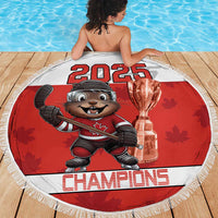 Round beach blanket featuring red mascot hockey design with trophy, 2025 Champions, fringe