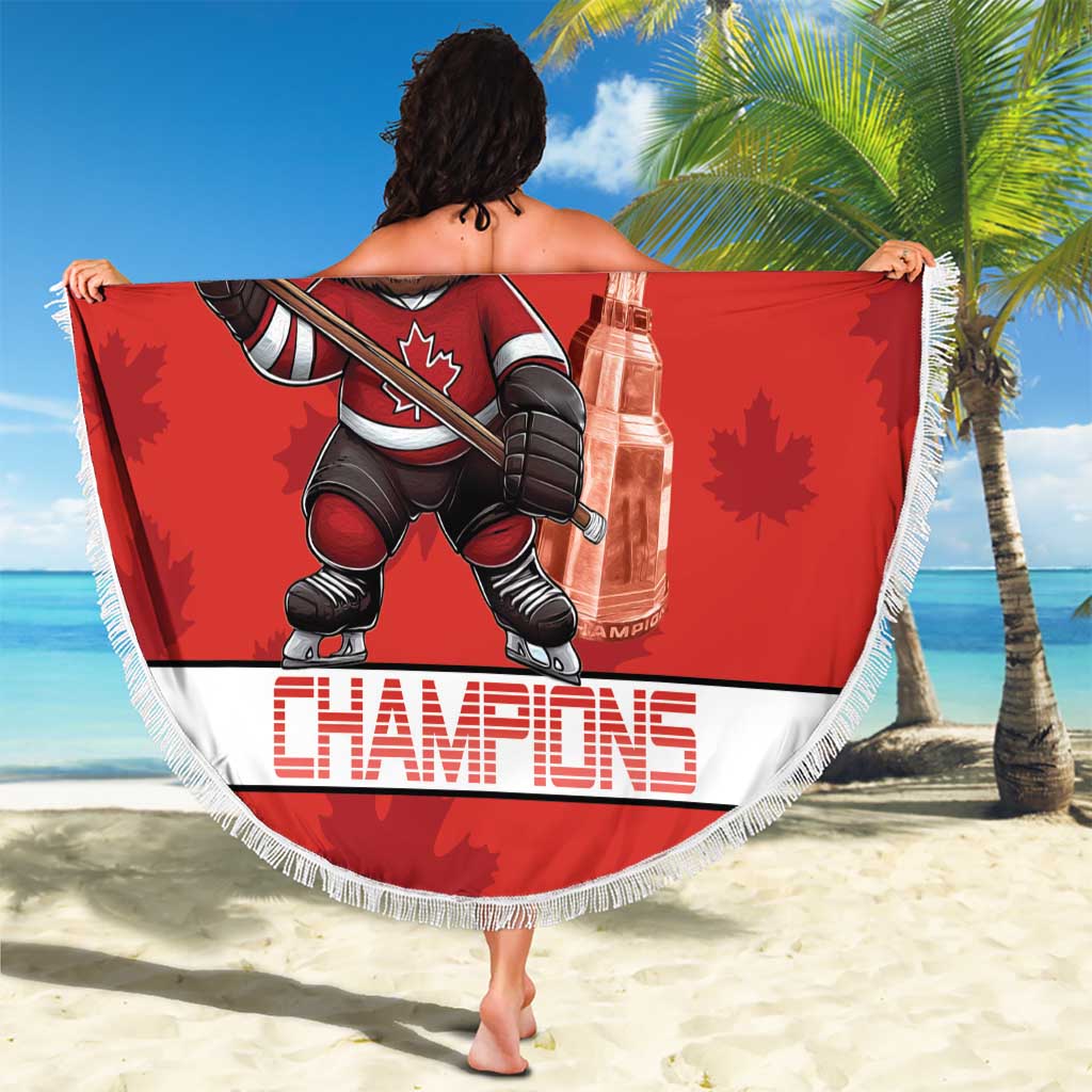 Round beach blanket displayed open with red mascot and trophy, 2025 Champions, white fringe