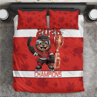 Red hockey bedding set with 2025 mascot holding trophy graphic, plus two matching pillowcases