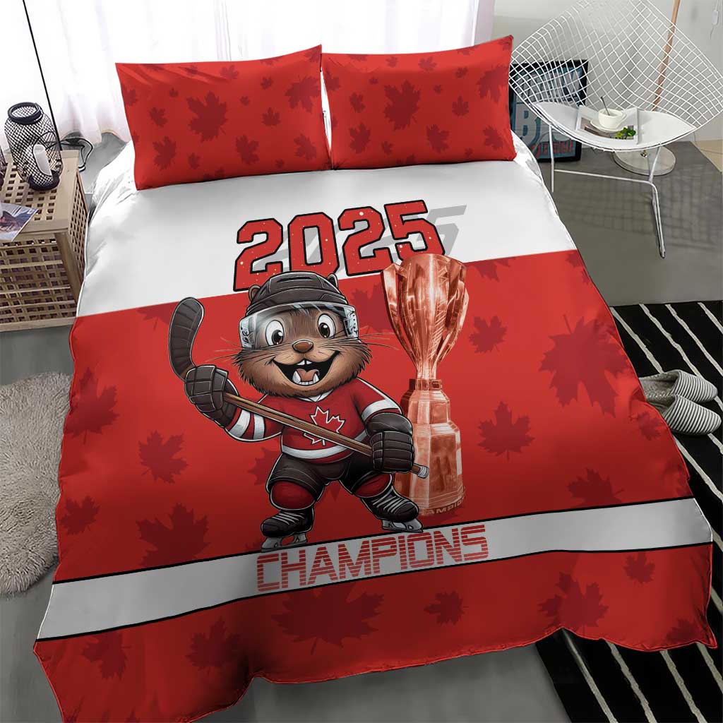 Red hockey comforter with 2025 mascot holding trophy and Champions text band; two pillowcases
