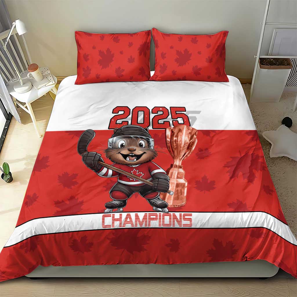 Red bedding set with 2025 mascot holding trophy, Champions band, and two leaf-pattern pillowcases