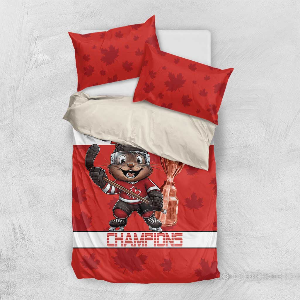 Red hockey duvet with 2025 mascot and trophy, Champions band, plus two red leaf-pattern pillowcases