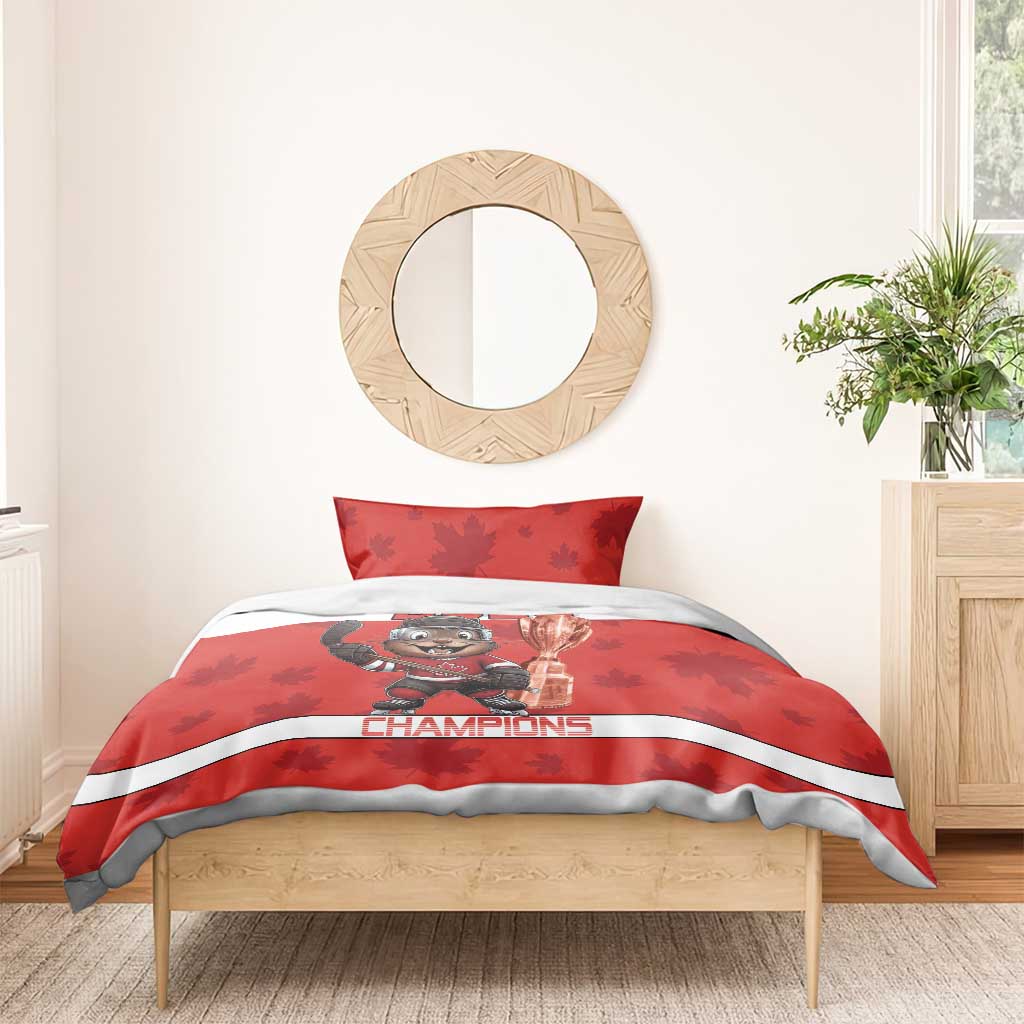 Red hockey bedding with 2025 mascot holding trophy, Champions band, and two matching pillowcases