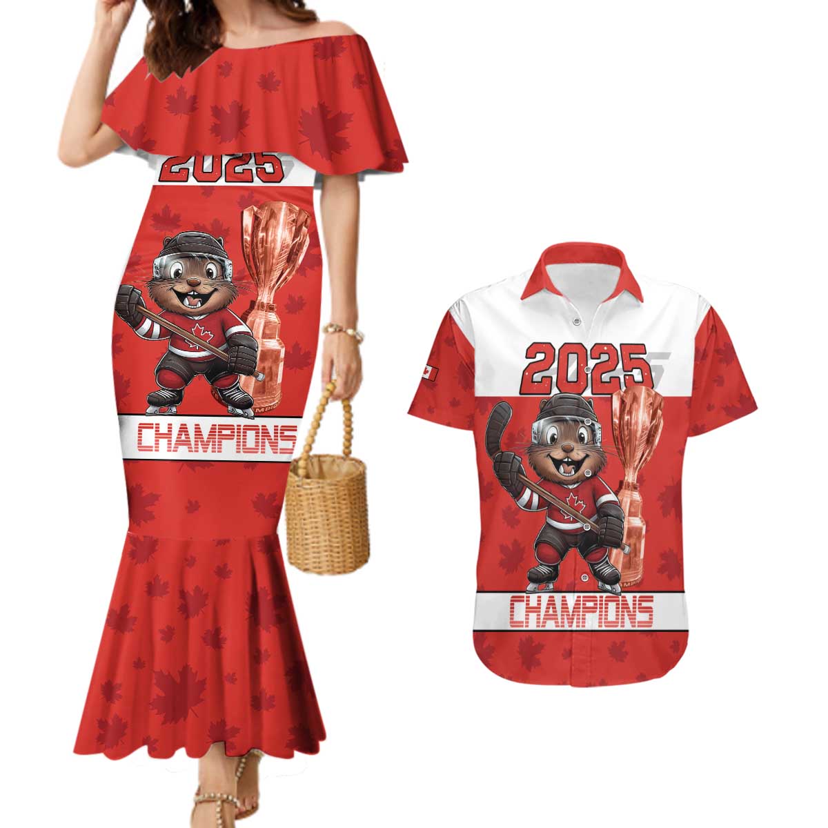 Custom Canada Ice Hockey Couples Matching Mermaid Dress and Hawaiian Shirt Beaver Mascot With Champions Trophy