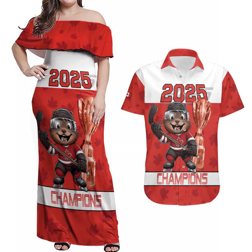 Custom Canada Ice Hockey Couples Matching Off Shoulder Maxi Dress and Hawaiian Shirt Beaver Mascot With Champions Trophy